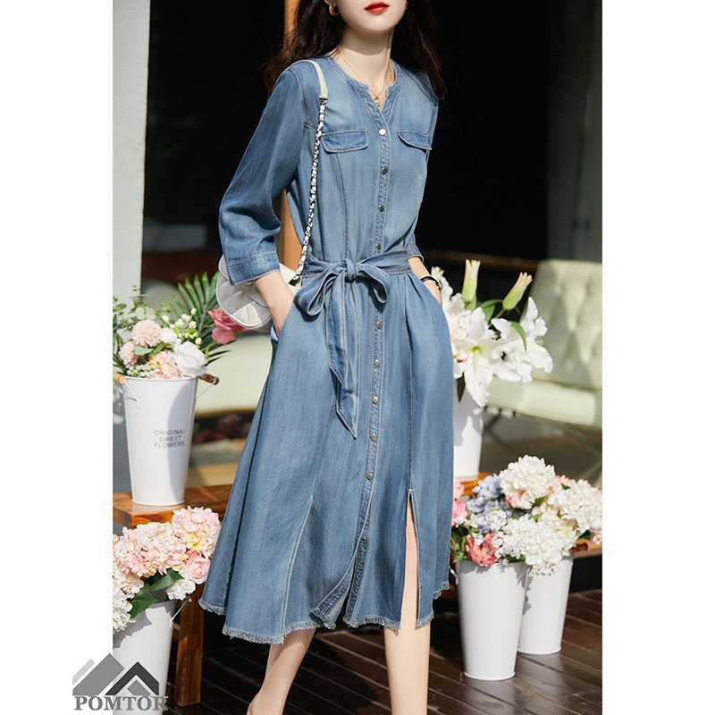 POMTOR 여성 데님 원피스 캐주얼 미디원피스 부드러운 청원피스 롱원피스 60,520원