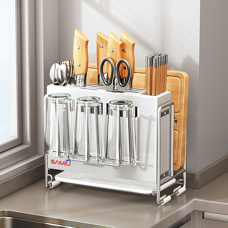 SAMIU 주방 다용도 스텐 칼꽂이 수저통 칼 도마 거치대, 1개, 화이트+컵홀더 21,390원