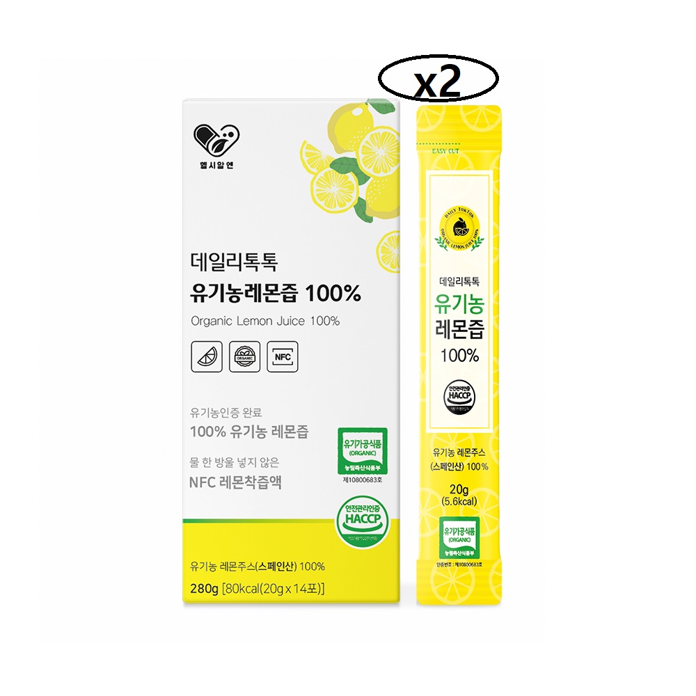 헬시알엔 데일리톡톡 유기농 레몬즙 100프로 20gx14포 한포한개레몬 NFC 착즙, 20g, 2박스 18,800원
