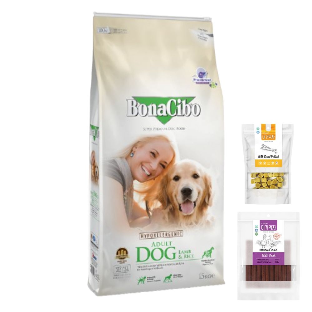 보나시보 어덜트 강아지사료 라지바이트 램앤라이스 + 이거먹자져키100g + 이거먹자큐브100g 135,000원