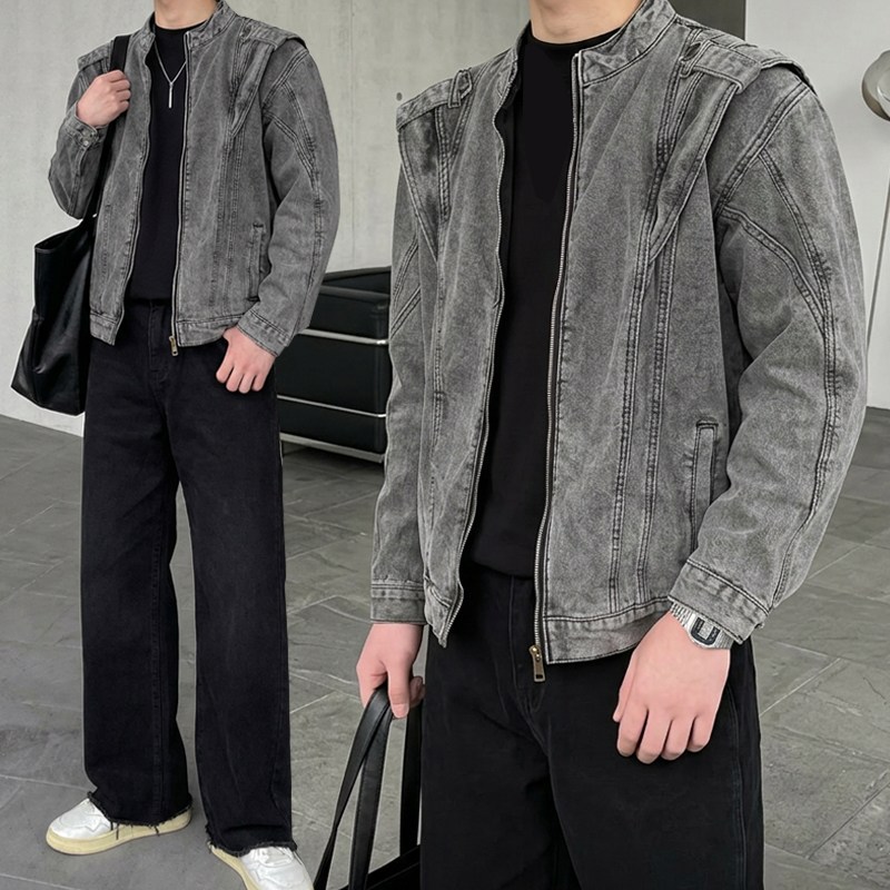 바이커 워싱 더블 커브드 절개 크롭핏 데님 자켓 43,900원