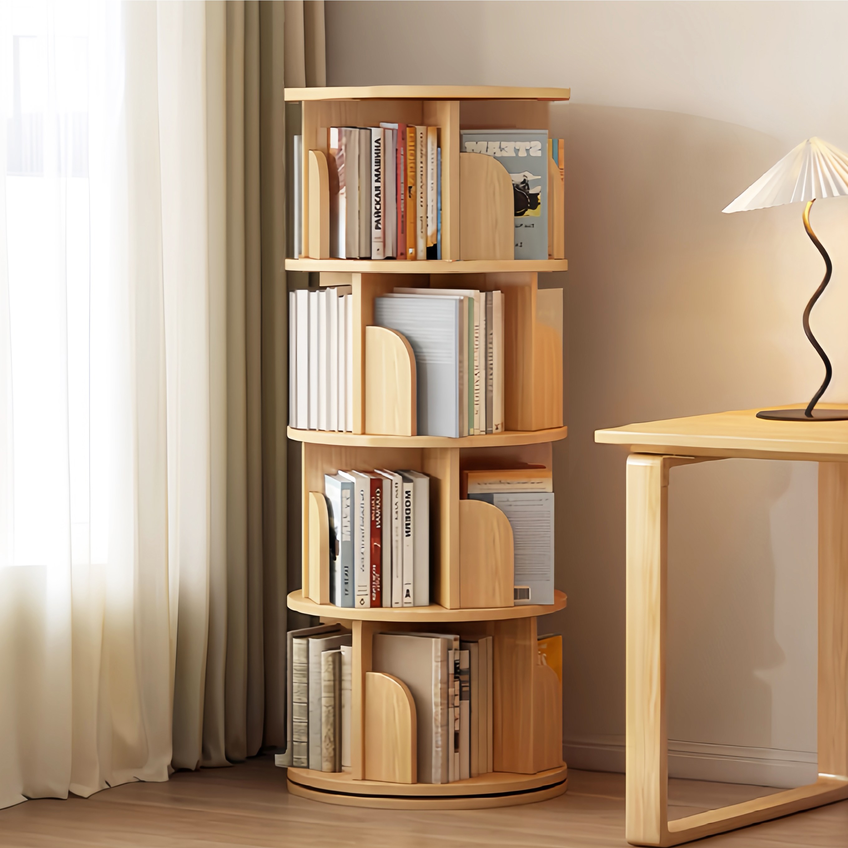 KURUA 학생 대용량 원형 책장 거실 서재 회전형 책꽂이, 오크, 4단 69,800원