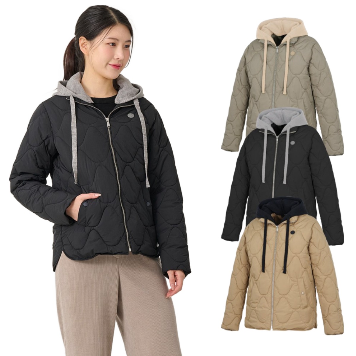 빌트모아 여성 겨울 니트 후드 탈부착 퀼팅 점퍼 98,000원