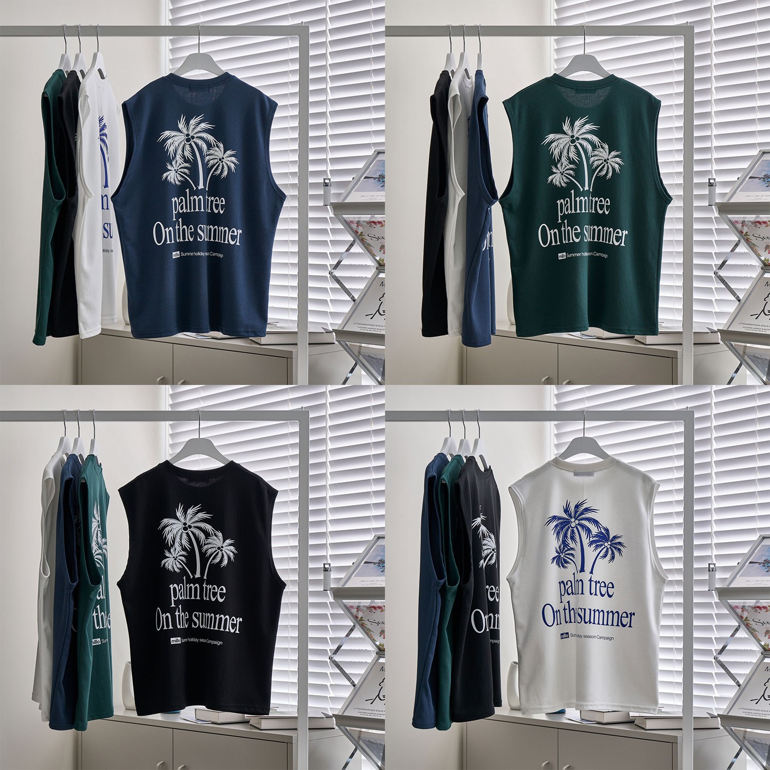 더베이직샵 팜트리 여행 휴가 바캉스 짐웨어 프린팅 특양면 오버핏 민소매 나시티 4컬러 19,800원