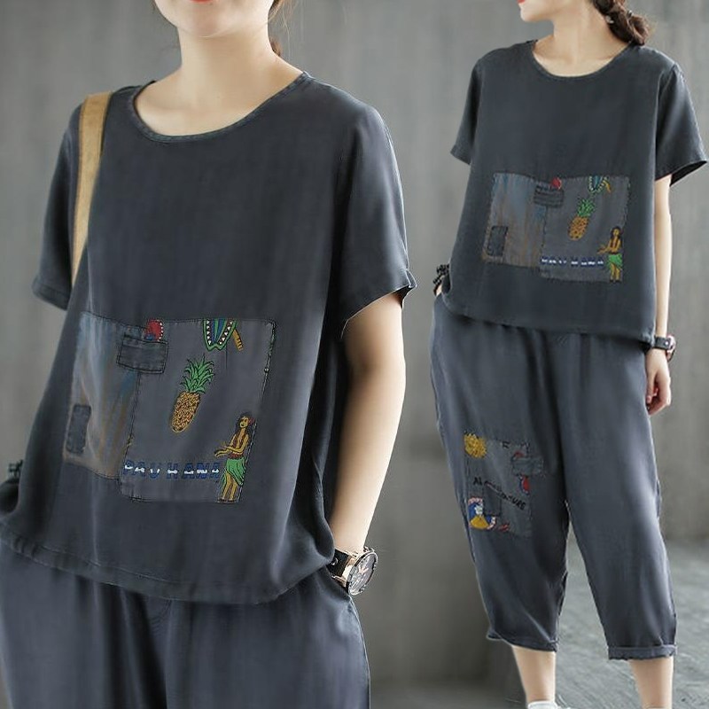 Asure 빅사이즈  중년여성 봄 여름 반팔티셔츠+7부 팬츠 40 50대 캐주얼 투피스 24,990원