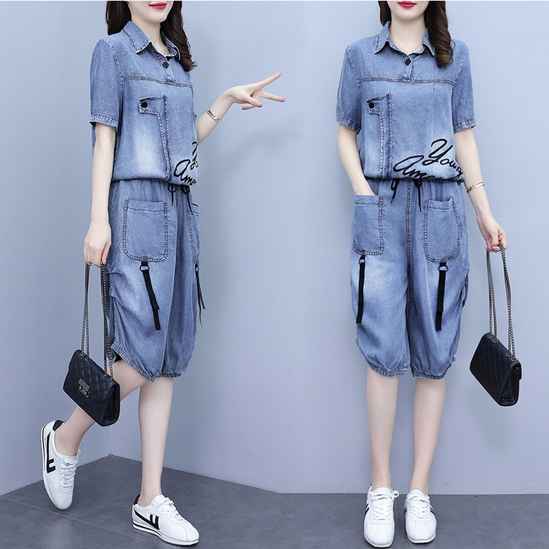 POMTOR 여성 베이직 얇은 데님 반팔 티셔츠 +7부 와이드 팬츠 투피스 데일리룩 35,800원