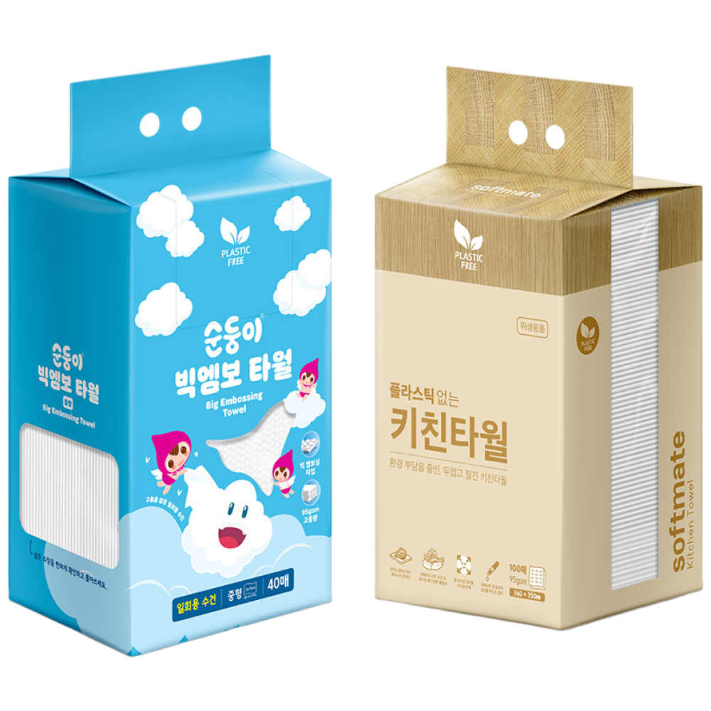 [세트] 순둥이 일회용 빅엠보 타월 중형 40매 1팩+키친타월 100매 1팩/물놀이 목욕 여행, 1개 29,300원