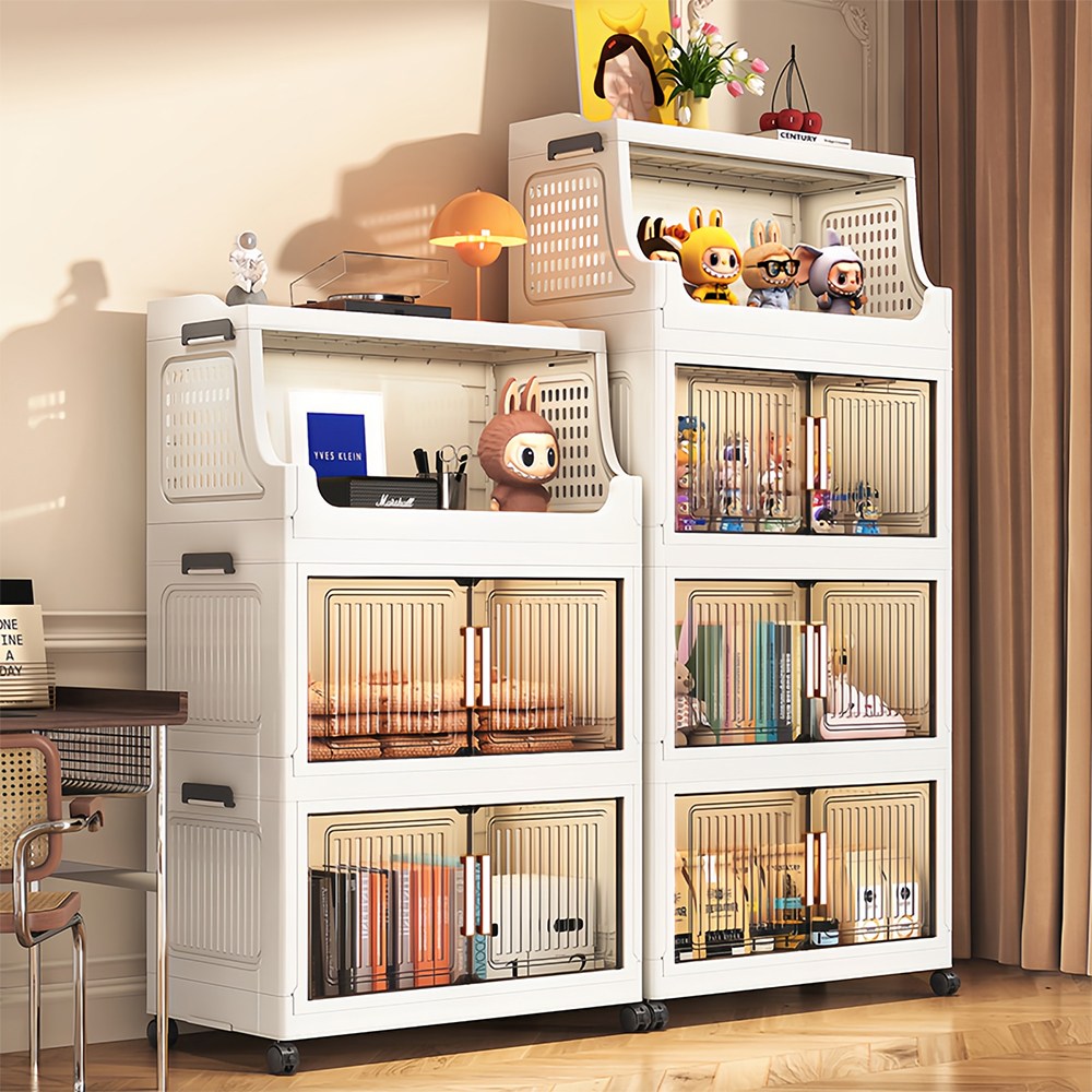 접이식 수납장 이동식 오픈형 다층 폴딩 수납함 플라스틱 투명문 정리함 조립필요없는 수납장, 흰색 23,320원