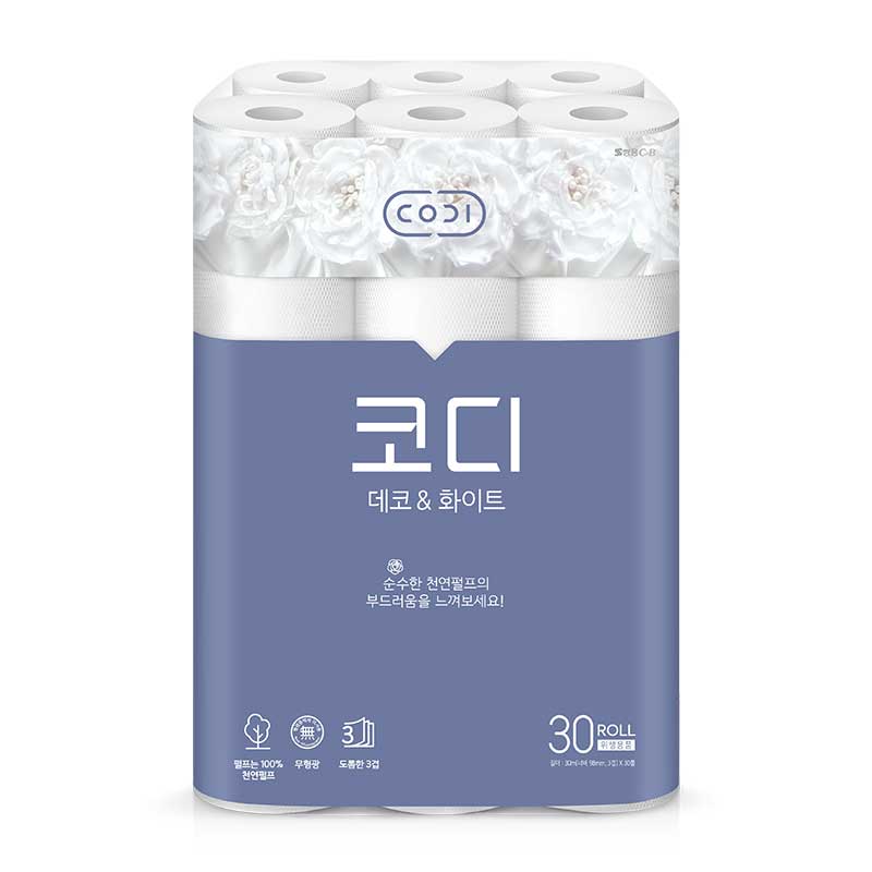 [코디] 데코앤화이트 천연펄프 화장지 3겹 30m*30롤 1팩, 30m, 30개입, 1개 15,600원