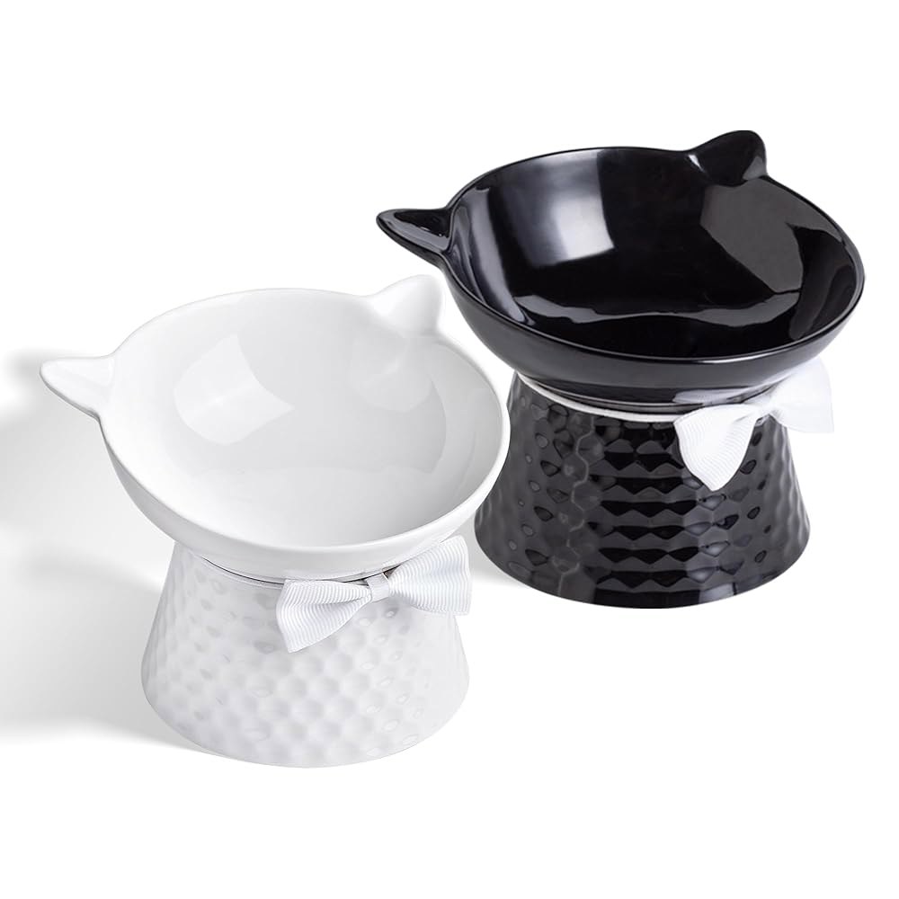 스탠드와 나비넥타이가 있는 세라믹 고양이 그릇, 수염 를 위한 기울어진 안티-보밋 고양이 접시, 전자레인지 및 식기세척기 안전, 고양이와 작은 개를 위한 귀여운 반려동물 사료 그릇, 1개 41,650원