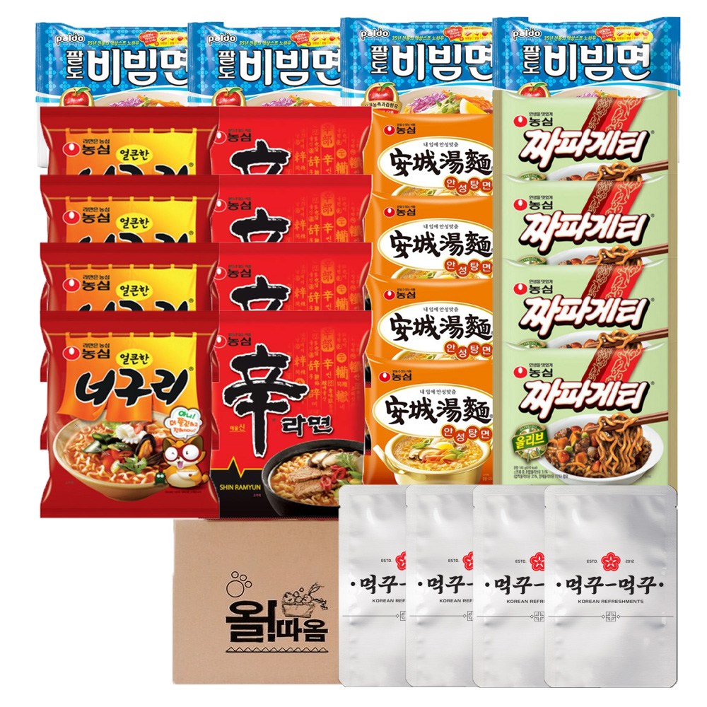 봉지라면 세트 2호 낱개 농심 신라면4 +안성탕면4 +얼큰한너구리4 +짜파게티4 +팔도 비빔면4 +먹꾸먹꾸 라면야채스프4, 1세트 22,980원