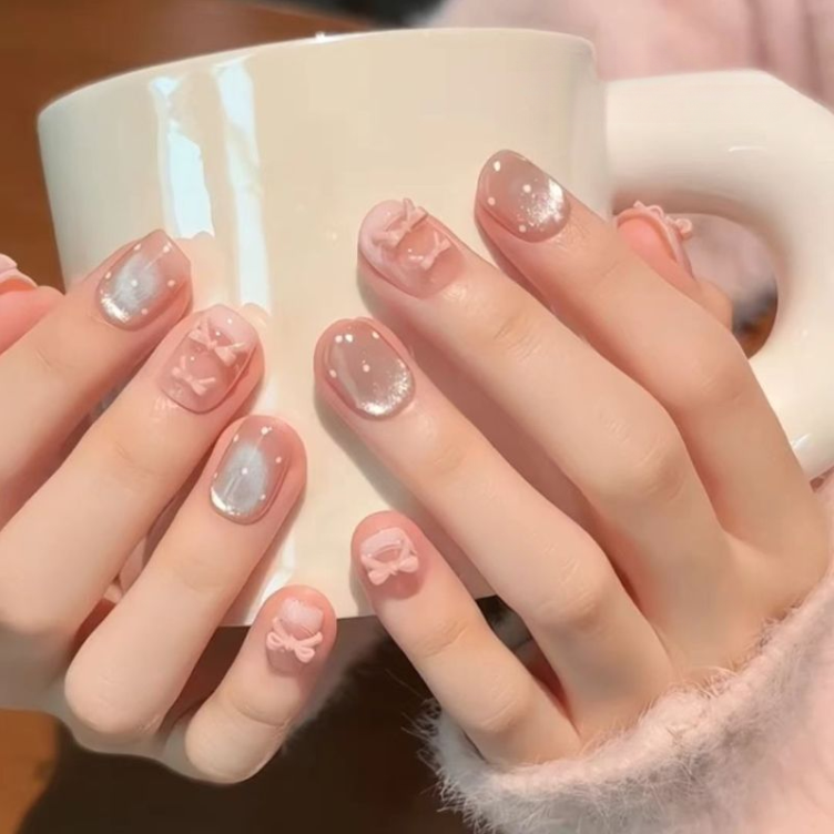 해피유통 여성 귀여운 리본 장식 네일팁 달콤한 핑크 패션 네일 13,700원