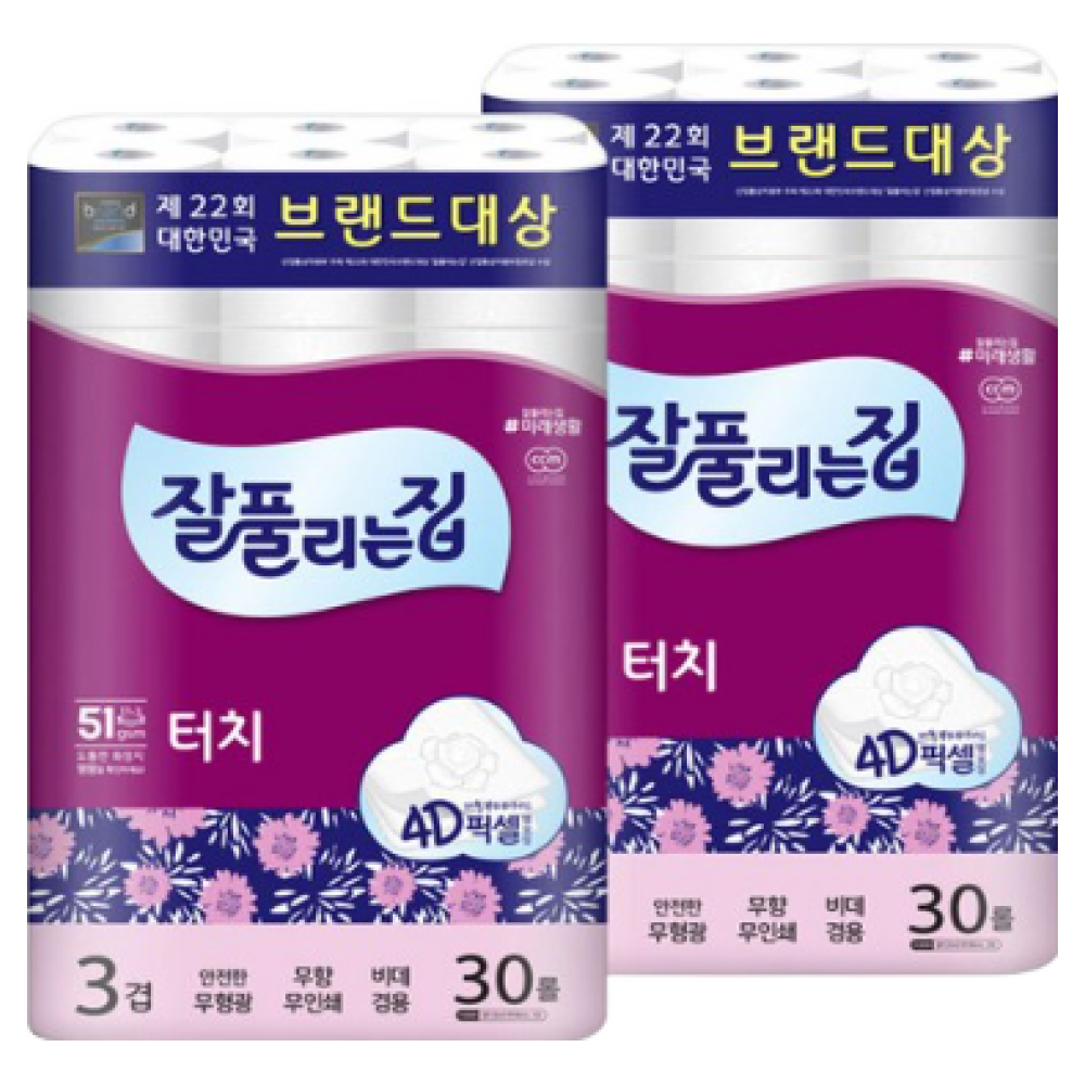 잘풀리는집 깨끗한 3겹데코 터치 25M 30롤 롤화장지 고급롤화장지(3겹이상) 25m, 2세트, 30롤 32,500원