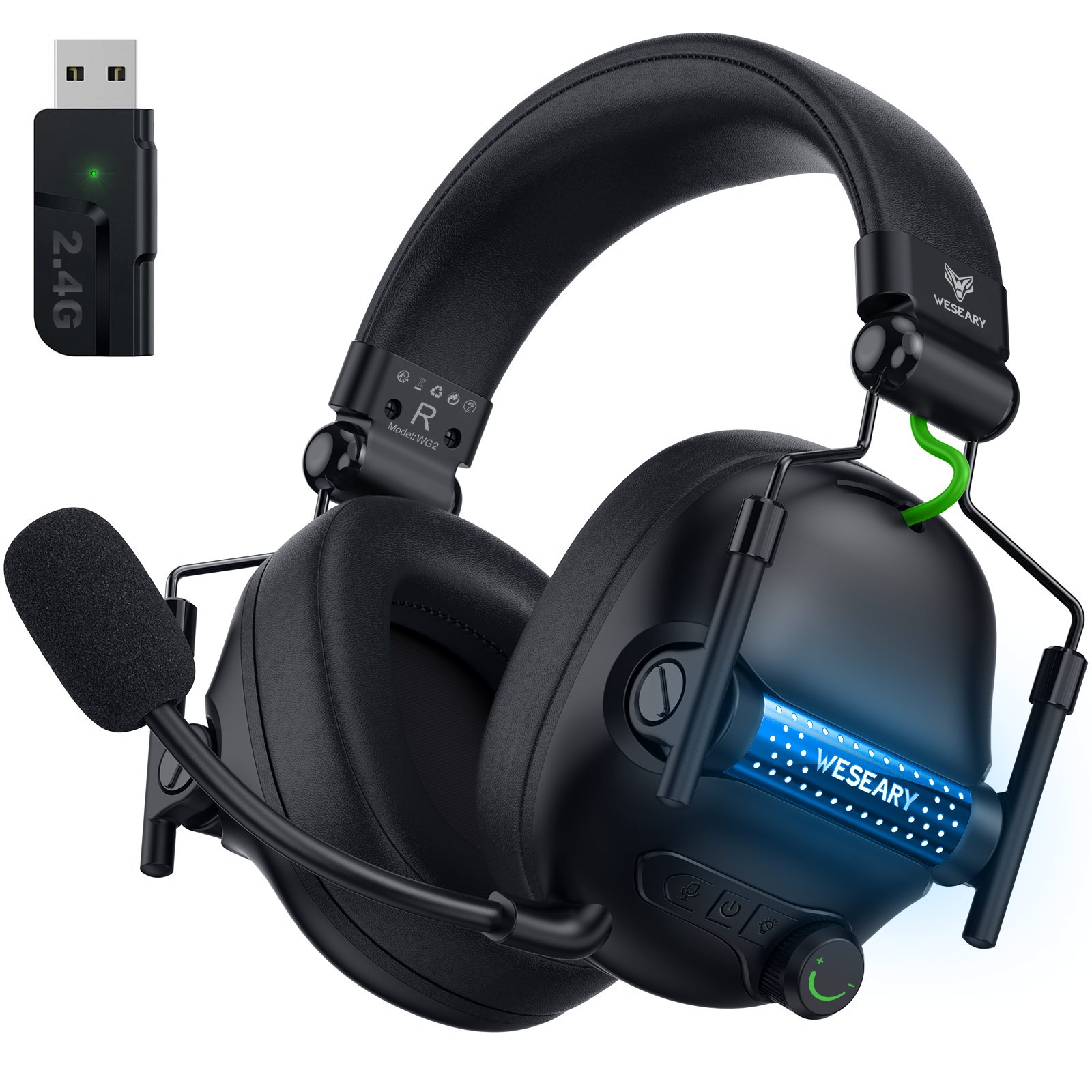 WESEARY WG2 무선 게이밍 헤드셋 3D 사운드 노이즈 캔슬링 마이크 2.4G 블루투스 5.4 PC PS4 PS5 헤드폰, 올블랙 110,000원