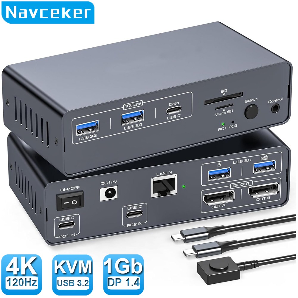 Navceker USB-C 썬더볼트 KVM 스위치, 8K, 4K, 120Hz, 2 노트북, 2 모니터, C타입, 12 in 1 도킹 스테이션, 10Gbps USB, 맥북 2 PC용 199,900원