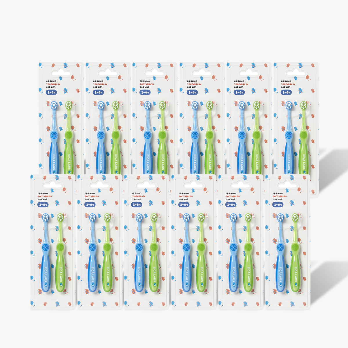 에이카랩스 어린이 코뿔소 칫솔 2종 만2세~초등학교 저학년 대용량, 12개, 2개입, A타입(파랑,연두) 57,480원