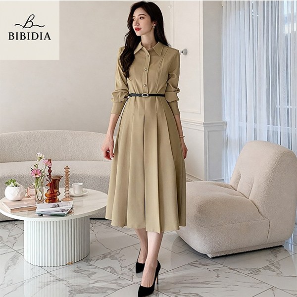 비비디아 여성용 벨트 A라인 플리츠 셔츠 긴팔 원피스 베이지 하객룩 오피스룩 5560 40,800원