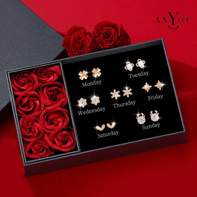 ANYOU 일주일 7종 여성용 프리미엄 귀걸이 장미 선물세트 여자 데일리 무알러지 순은침 패션귀걸이 28,200원