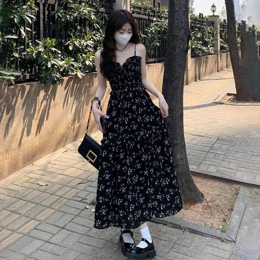 IWMAFT 여성 여름 플라워 끈나시 롱 원피스 셔링 밴딩 허리 루즈핏 가벼운 소재 체형커버 데일리 드레스 TX597 18,100원