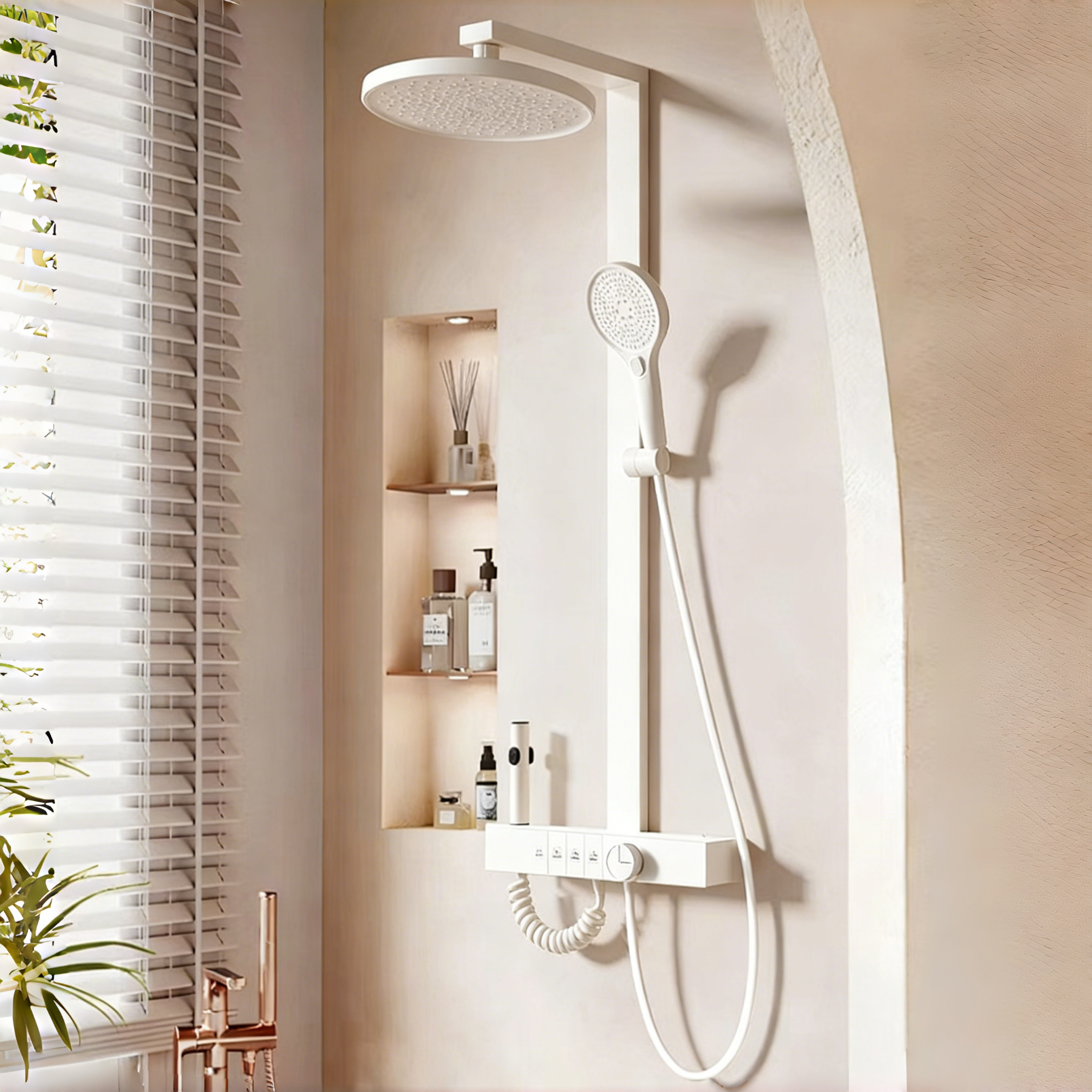 YAPOGI 크림화이트 피아노 키 항온 선반형 해바라기 샤워수전, 밀크 화이트+원형 탑 B, 1세트 125,000원