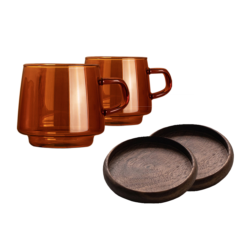 칼딘 세도나 내열 유리 머그컵 320ml 2p + 월넛 트레이 2p 세트, 엠버(머그컵), 브라운(트레이), 1세트 35,300원