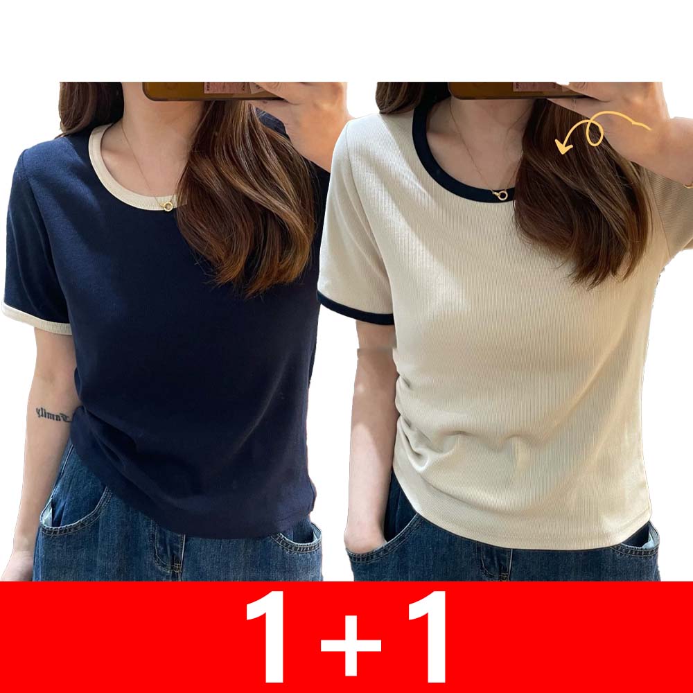 IWMAFT 2종 세트 여성 여름 배색 라운드넥 반팔 티셔츠 슬림핏 골지 원단 데일리 기본템 FC17 23,000원
