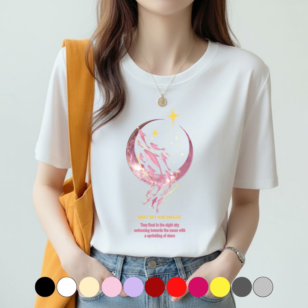 다솜이룸 여성 라운드넥 여름 시원한 반팔티 커플티 캐릭터 이너 홈웨어 핑크돌고래 프린팅 면 티셔츠 17,900원