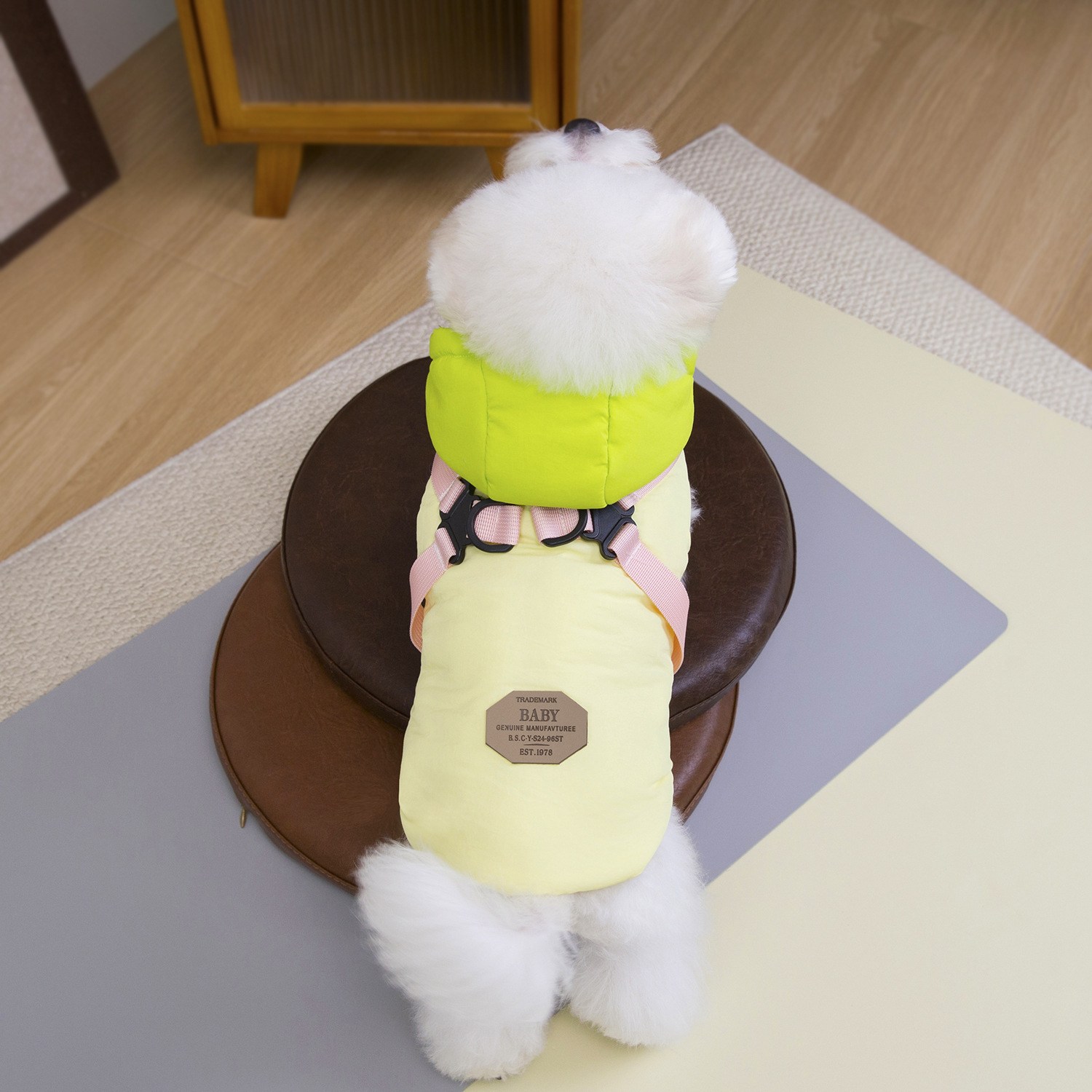 루비바 튼튼한 하네스 겨울 강아지 후드 올인원 패딩 점퍼, 1개, 라이트 그린 19,730원