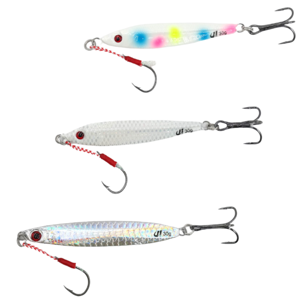 수퍼 UV 라이트 고등어 갈치 루어 틴셀 훅 바늘 올인원 메탈지그 3색 세트 9,900원