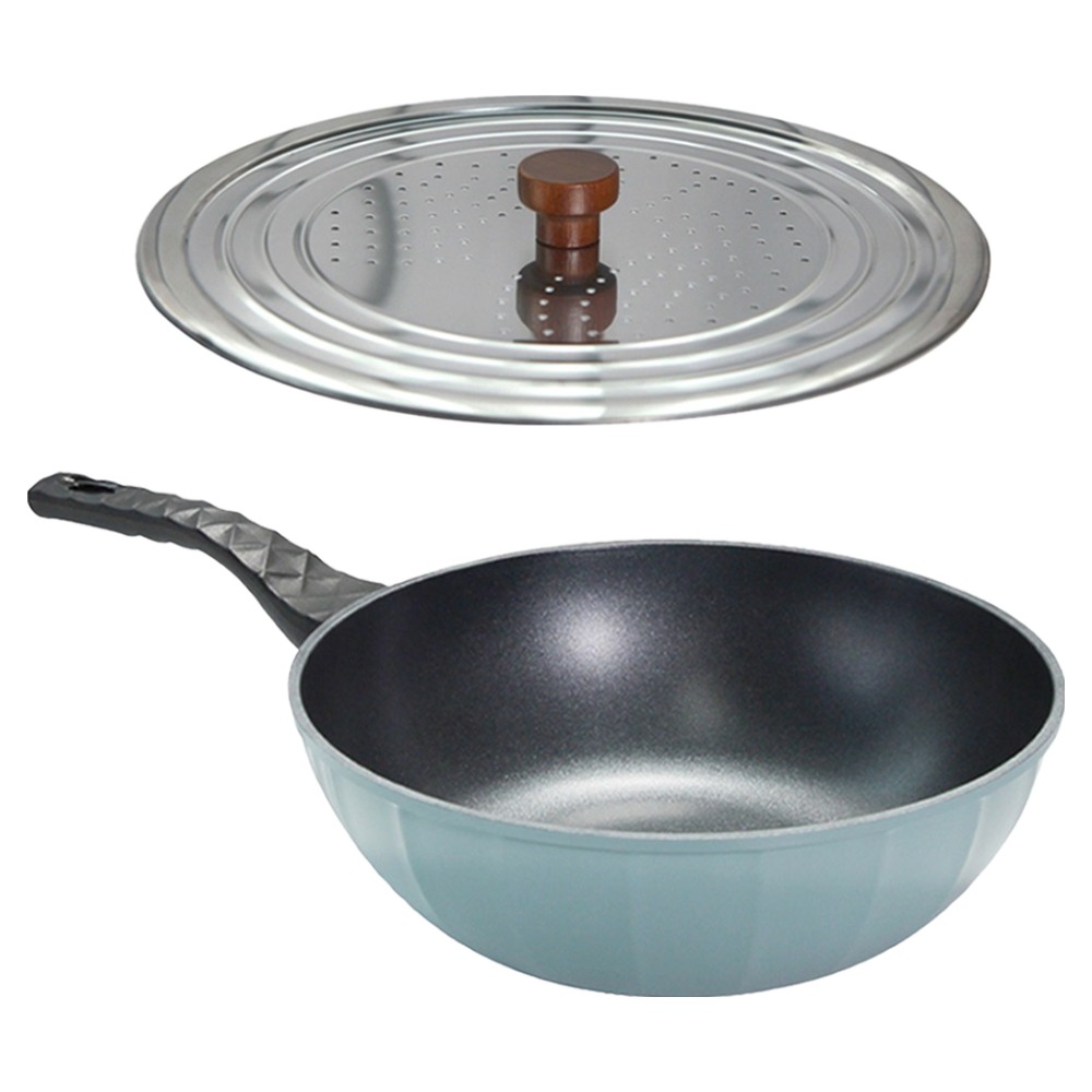 셰프라인 이탈리안 IH 궁중팬 30cm + 우드핸들 스텐 프라이팬 타공 커버 26~32cm 세트 스카이블루, 30cm, 1세트 31,900원