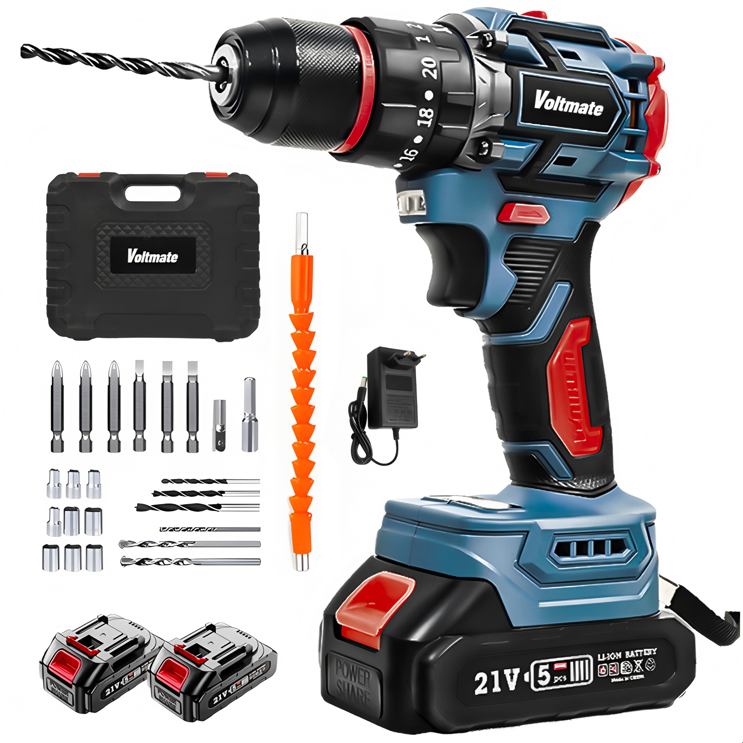 [국내발송] VoltMate 최신형 브쉬 21V 20+3단 다용도 전동드릴 BLDC모터 40N 토크 2단 회전 속도 조절 본체+배터리 2개+24종 액세서리 세트 가정용 인테리어 53,850원