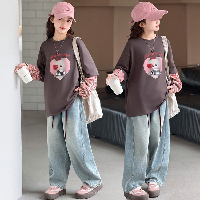 나나키즈 여아 봄 가을 초중생 상하복 세트 주니어 페이크 레이어드  핑크 하트 포인트 긴팔 상의+하의 초등생 청 긴바지  (2605) 41,800원