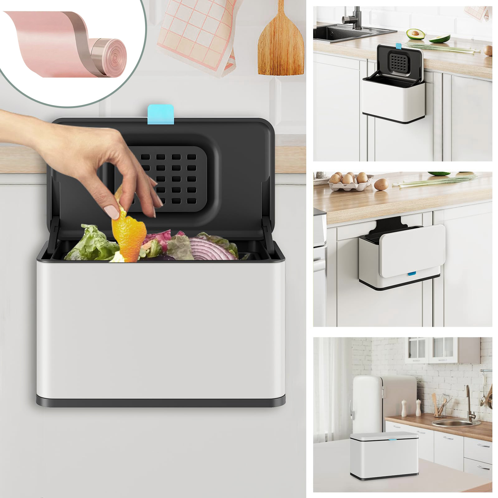 kemei 주방 싱크대 욕실 음식물 쓰레기통 스테인리스 슬라이딩 벽걸이 휴지통 활성탄 냄새차단, 화이트 28,990원