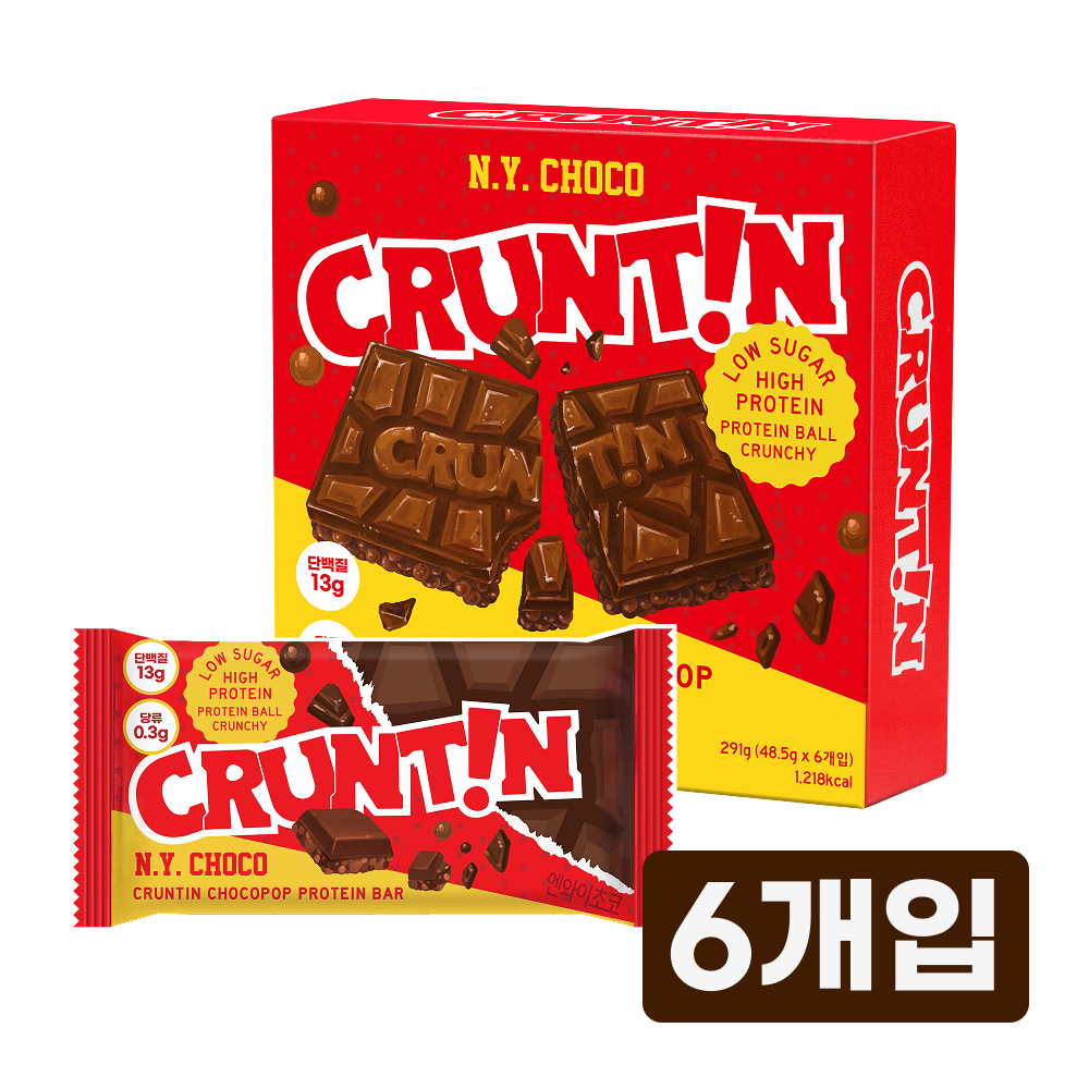 [본사공식몰] 크런틴 초코팝 단백질바 NY초코, 당0g대, 6개, 48.5g 23,400원