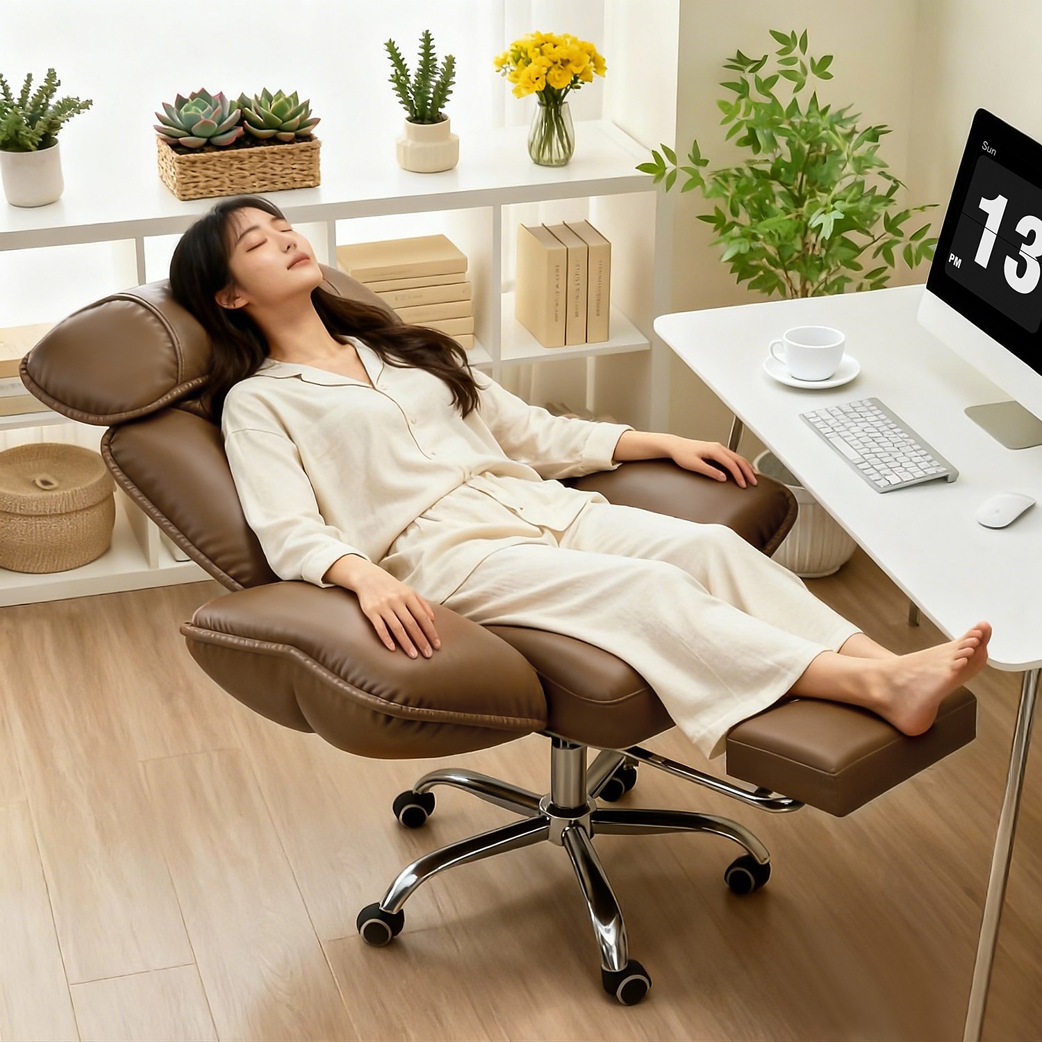메이든 리클라이너 컴퓨터 사무용 의자 중역의자 편한 슬리핑 의자 커스텀체어 발판 의자 팔걸이 등받이 5단 조절 쿠션증정, 코코 138,000원