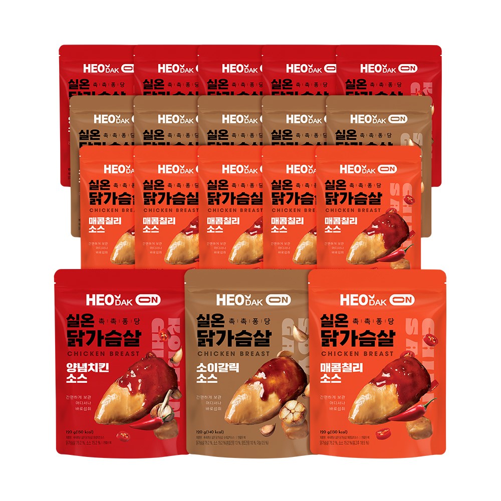 허닭ON 촉촉퐁당 실온 닭가슴살 3종 혼합 (양념치킨 소이갈릭 매콤칠리), 18개, 120g 42,900원