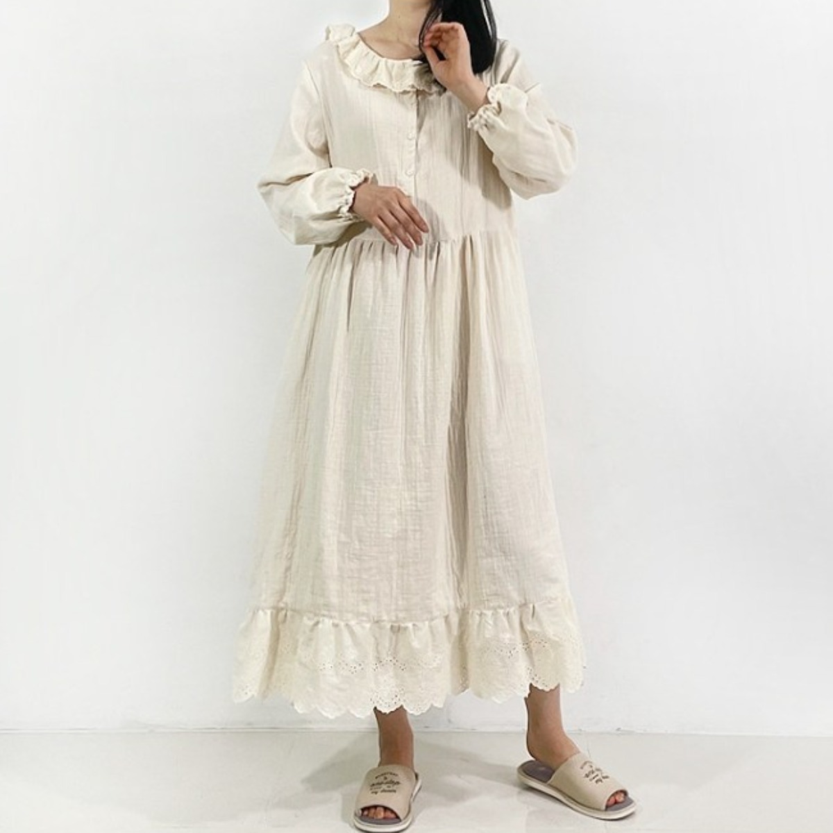 레이스 카라 원피스 드레스 도톰 순면 롱 빅사이즈 루즈핏 로미 [자체제작 국내생산] 48,900원