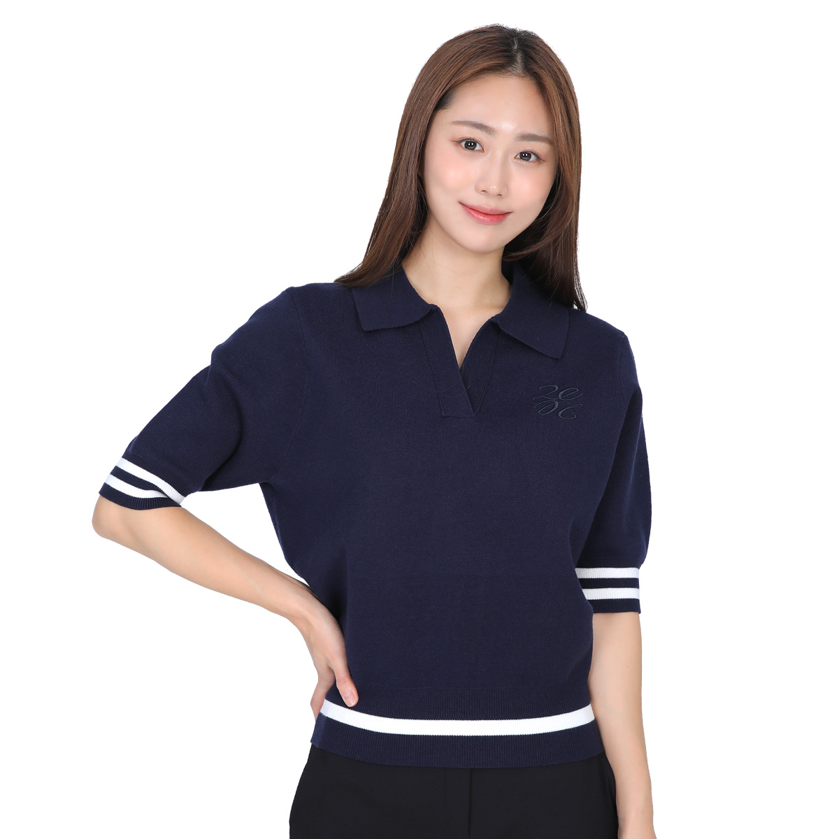 <투엘라> 여성 니트 오픈카라 반팔티셔츠 / 플로라 니트카라 7부소매 반소매티 35,980원