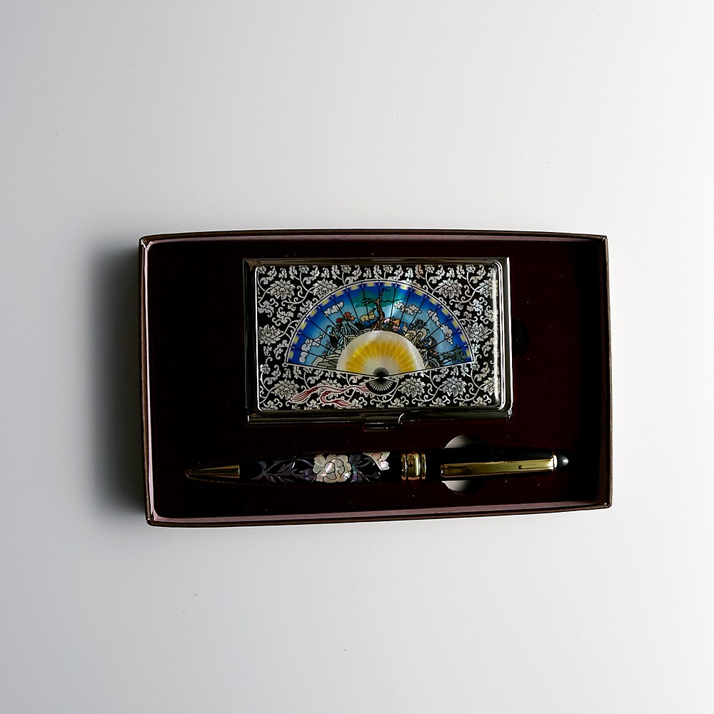 한국전통 고급 자개명함 볼펜 세트 외국인선물 기념품, 06.자개+볼펜 [부채와꽃+꽃나비] 27,500원