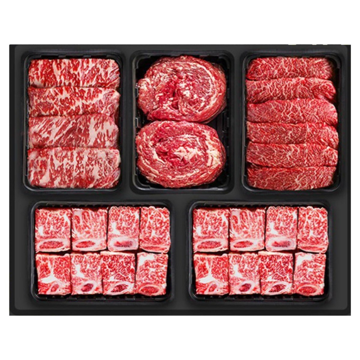 횡성한우 5구 [쿠가] 혼합선물세트2[찜갈비700gX2+안심or채끝500g+특수부위(랜덤)500g+불고기500g]총2.9kg 362,500원