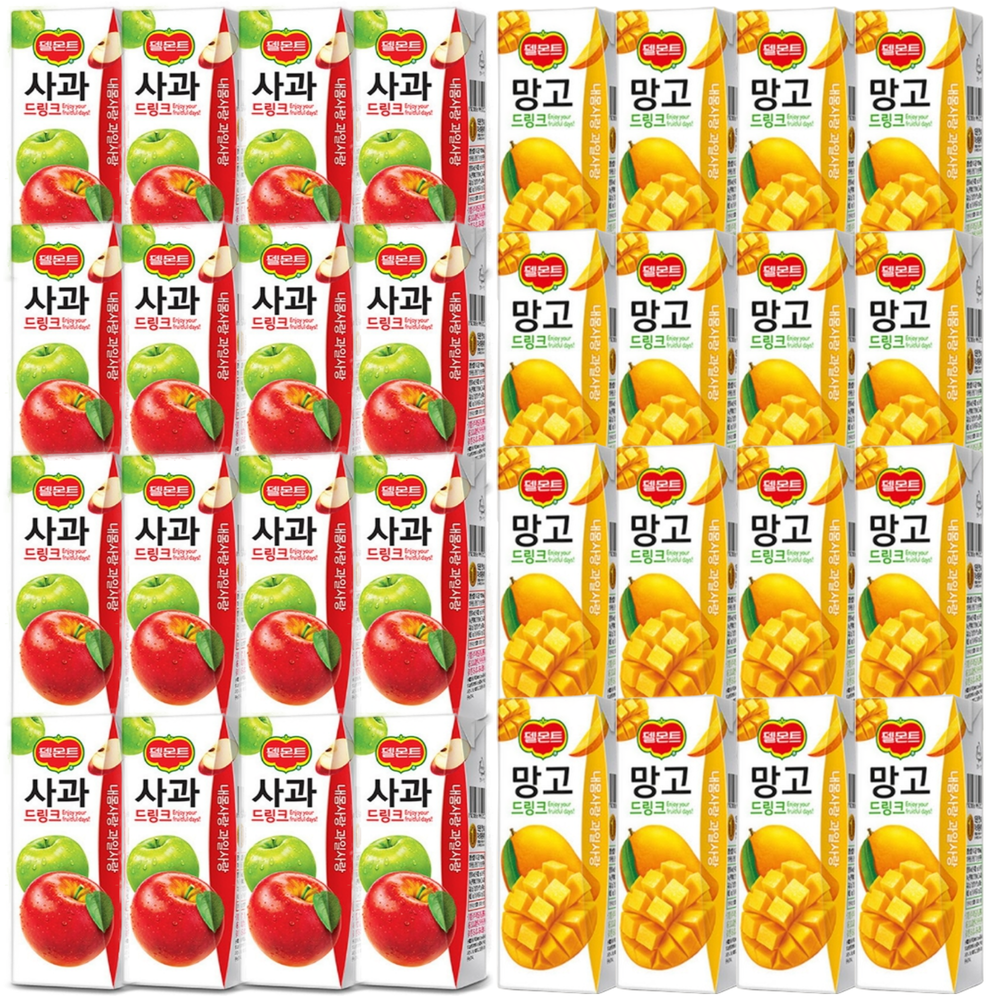 (190mlx32팩 혼합구성) 델몬트드링크팩 오렌지포도사과망고 주스 과즙음료, 190ml, 32개 18,200원