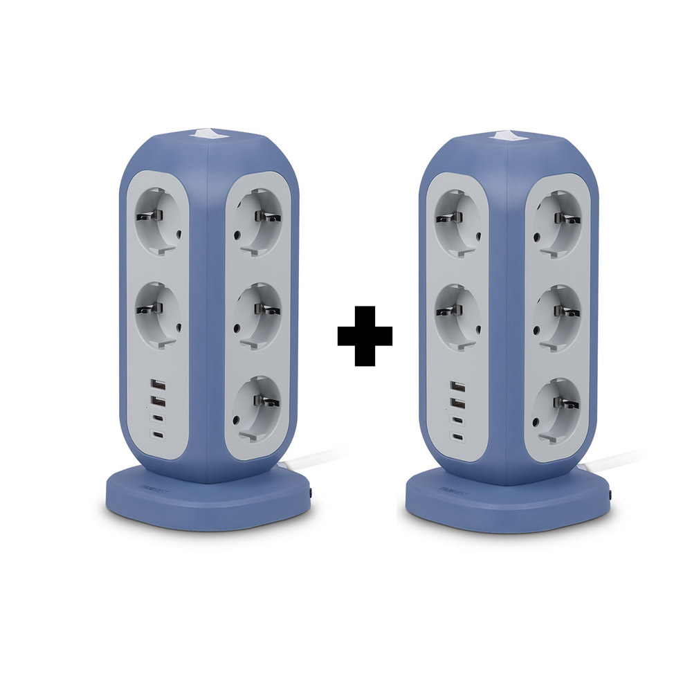 [무료배송] 고용량 멀티탭 1+1 타워형 스탠드형 4000W 15구(USB-A타입, USB-C타입, 포함), 페일 블루 75,000원