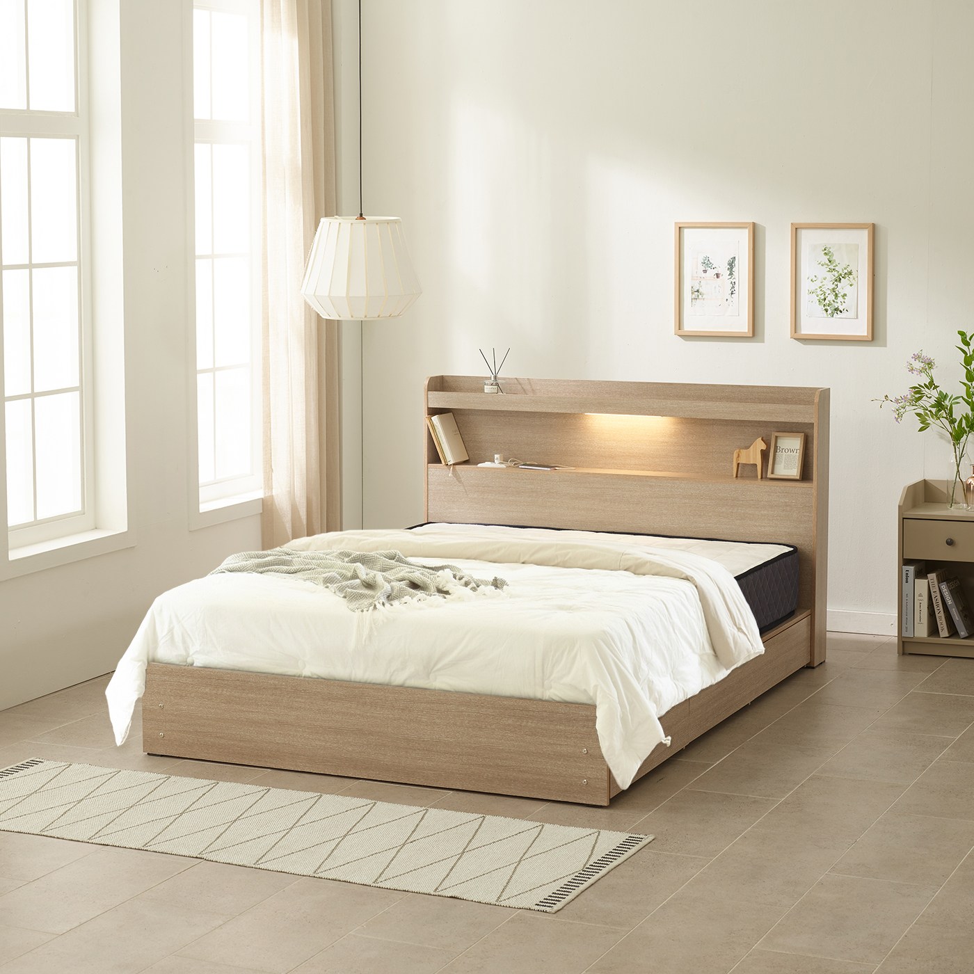 하포스 유니티 E0 3단 멀티서랍 LED 침대 프레임 + 매트리스 세트 지정일설치, 유니티3단 (오크) 245,000원