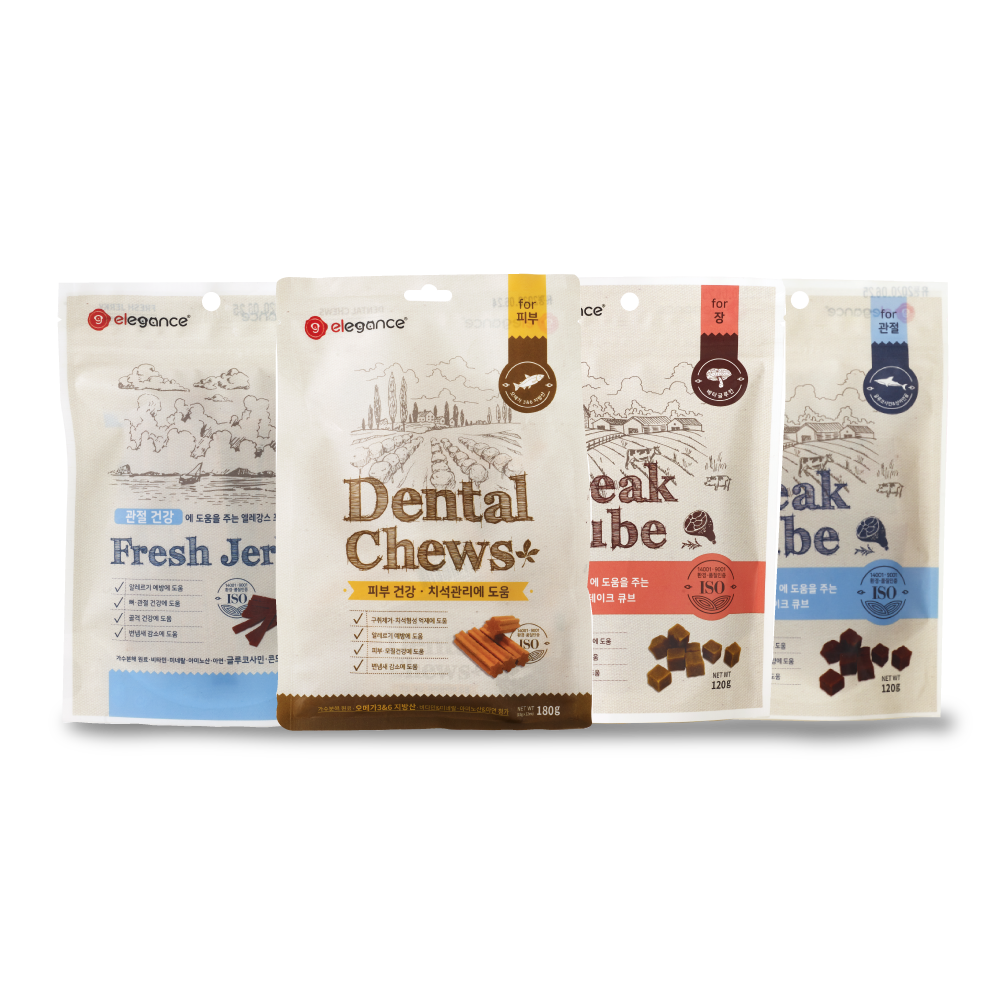 엘레강스펫 강아지 가수분해 저알러지 간식 큐브(장,관절),져키(관절),덴탈츄(피부) 4종세트 38,000원