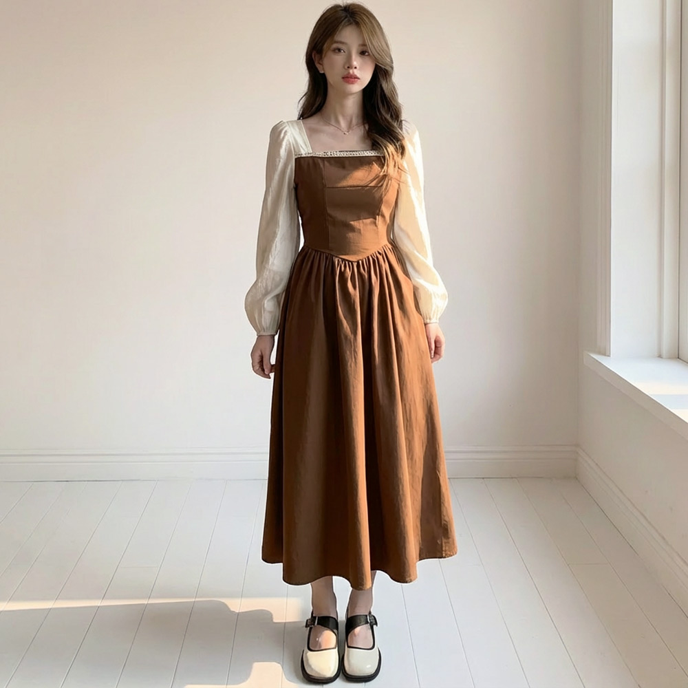 D119-9 너멜포 빅사이즈 여성 스퀘어넥 스모크 밴딩 롱원피스 44-100 34,900원