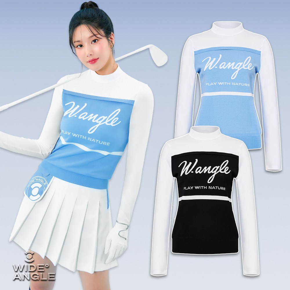 와이드앵글 여성 골프웨어 여름니트 W.ICE 배색 인타샤 모크넥 스웨터 WWM25K33 143,000원