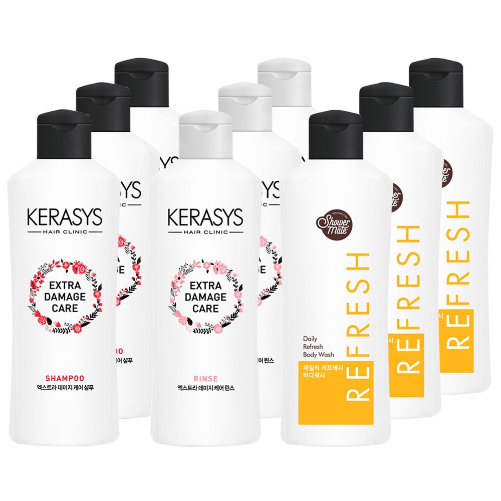 애경 케라시스 엑스트라 데미지 케어 180ml 3개씩 (샴푸 + 린스 + 샤워메이트 리프레시 망고 바디워시) 13,500원