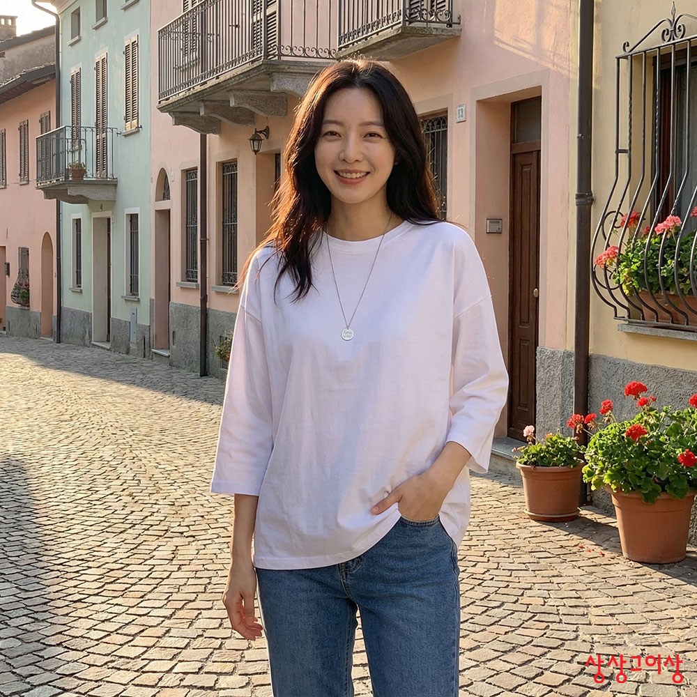 상상그이상 여성용 국내제작 박스 7부 부드러운 슬라브원단 루즈핏 라운드넥 무지 티셔츠 레이어드 이너티 21,400원