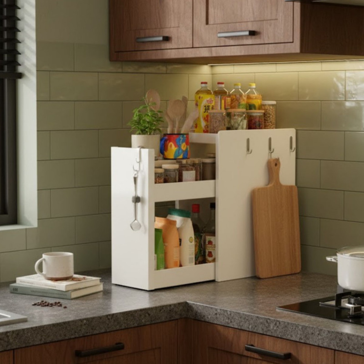 슬라이딩 틈새수납장 슬림 선반 양념통 정리함 철제 공간활용 다용도 주방 수납 미니수납장 화이트, 화이트 2층(3겹) 라지(폭 18)+자석고리 49,600원