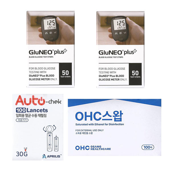 오상헬스케어 글루네오 플러스 혈당시험지 당뇨혈당체크지 세트 (시험지100매+침100+솜100) SW 22,500원